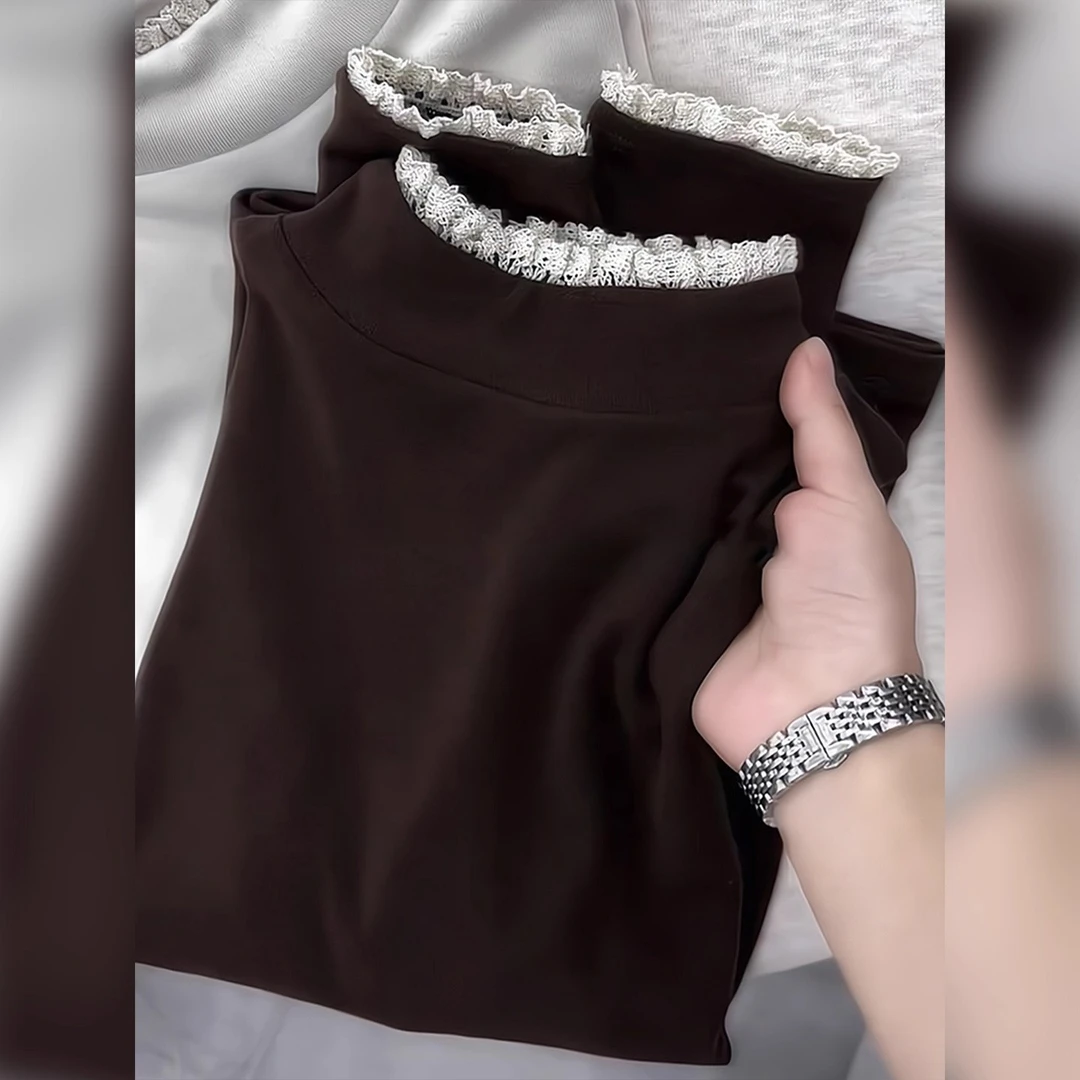女装秋冬款针织衫上衣蕾丝新款冬复古温柔高领设计感打底拼接花
