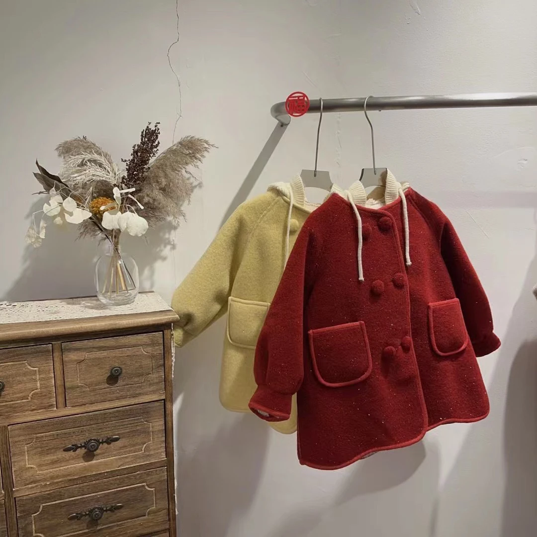 韩版女童加绒毛呢外套冬季中长款可爱大衣
