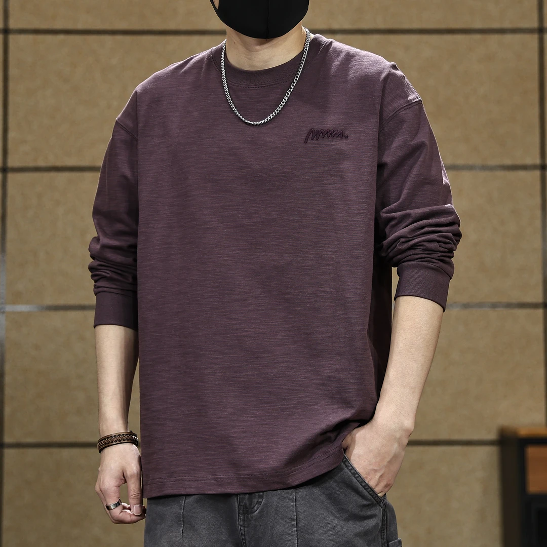 重磅230g竹节棉长袖t恤男秋季新款男士纯棉打底衫男衣服潮牌大码T