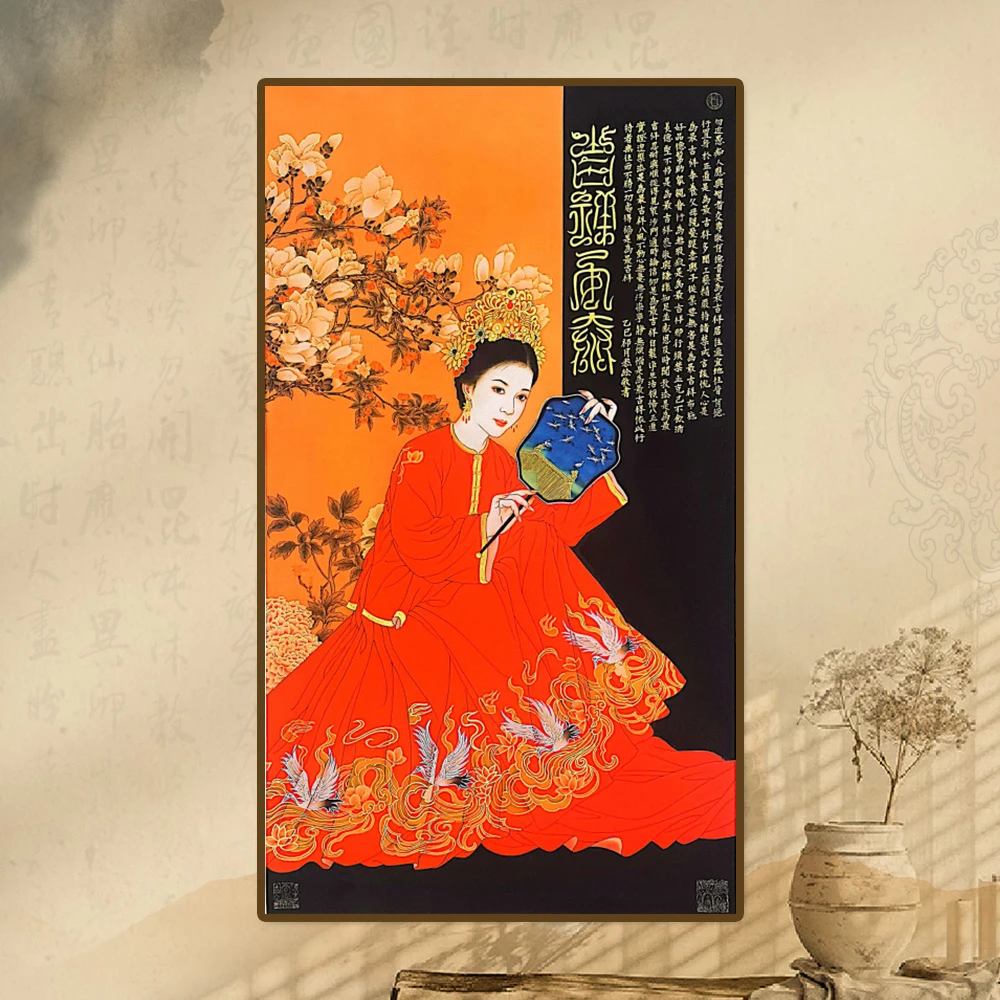 【手绘秘彩描金】贵人持扇瑞鹤图—高金月—手绘国画