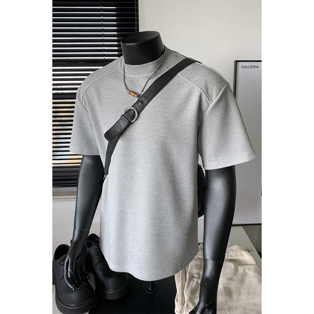 美式cleanfit华夫格重磅解构短袖t恤男夏季潮牌高级感宽松五分袖