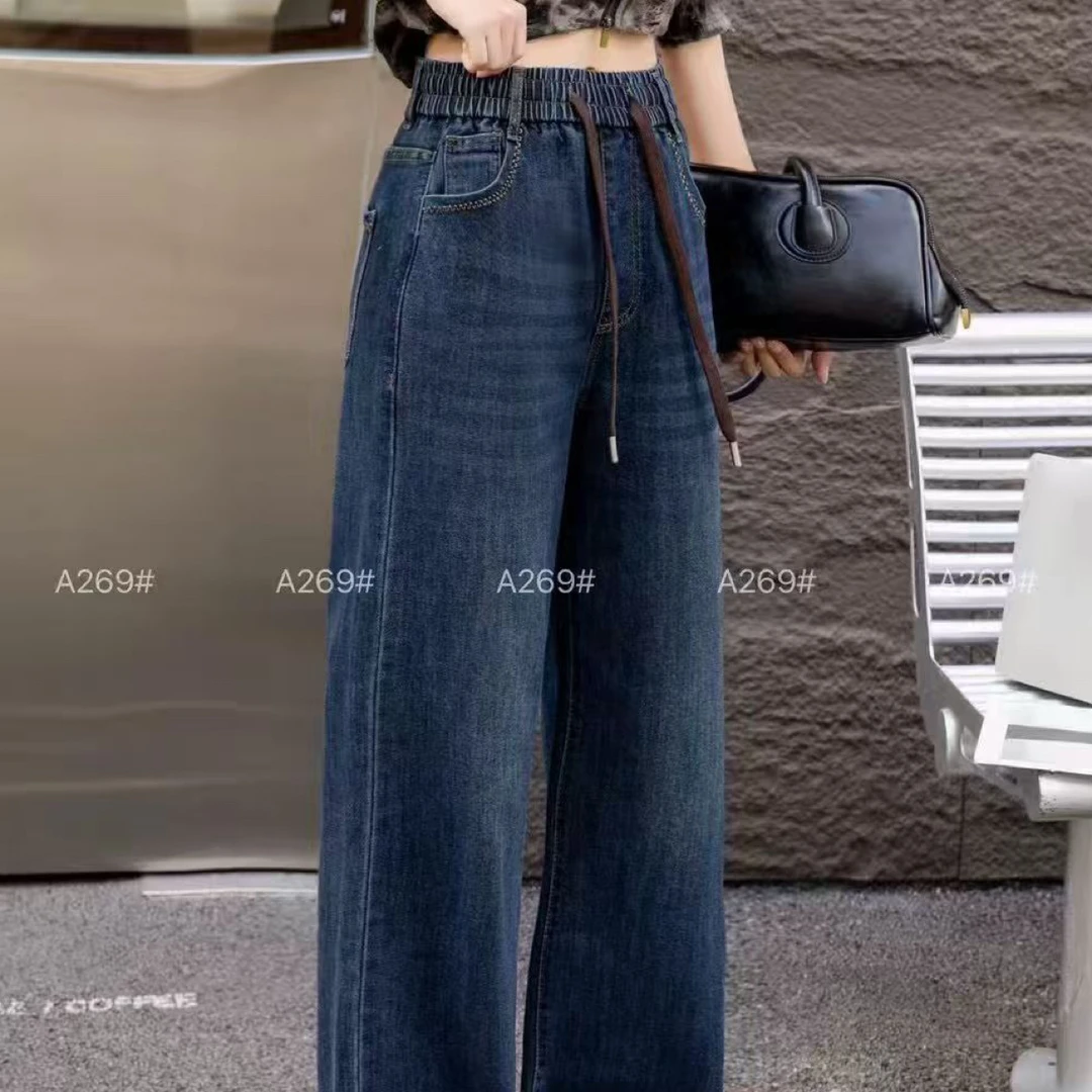 2025秋冬高腰松紧窄版直筒牛仔裤女宽松大码显瘦休闲时尚百搭长裤