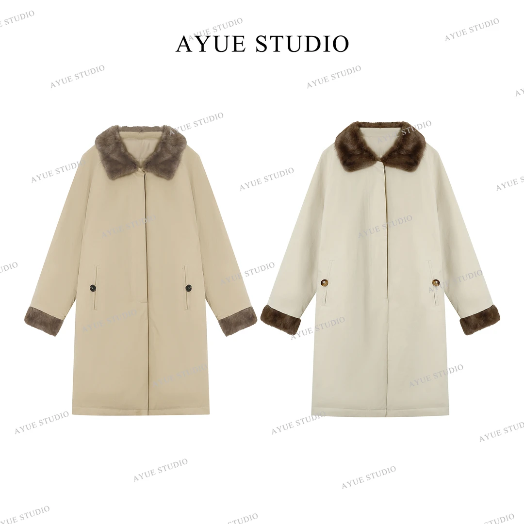 AYUE「栖木」哑光肌理新国标白鹅绒拼接100%青根貂毛领鹅绒服2132