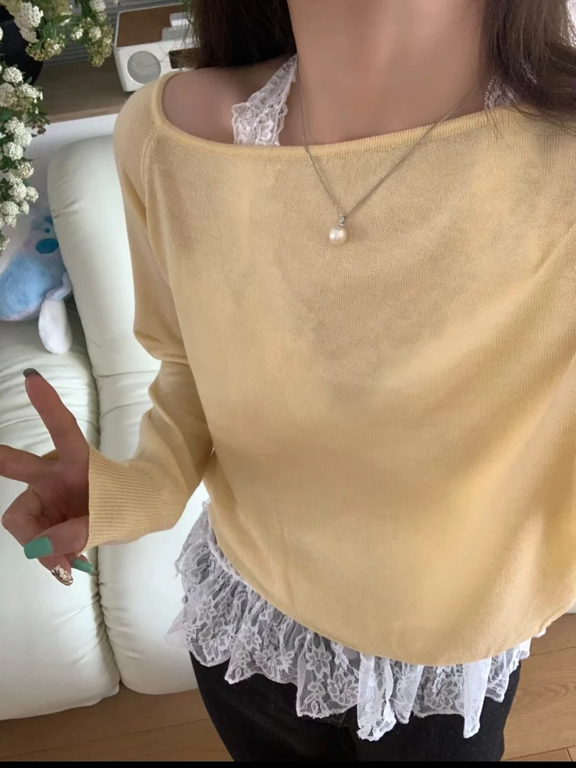 【DUOMI】春季款百搭时尚韩版小众设计拼蕾丝上衣D6383