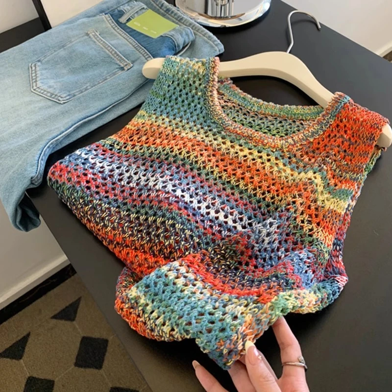 洋气彩色条纹坎肩工字吊带针织背心女夏季外穿设计感镂空无袖上衣