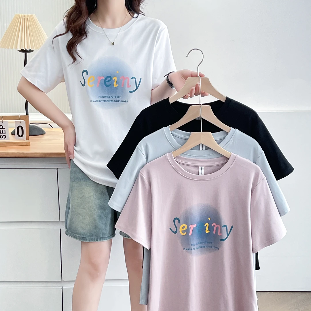 微胖大码女夏季时尚字母印花宽松短袖T恤减龄显瘦遮肚上衣女