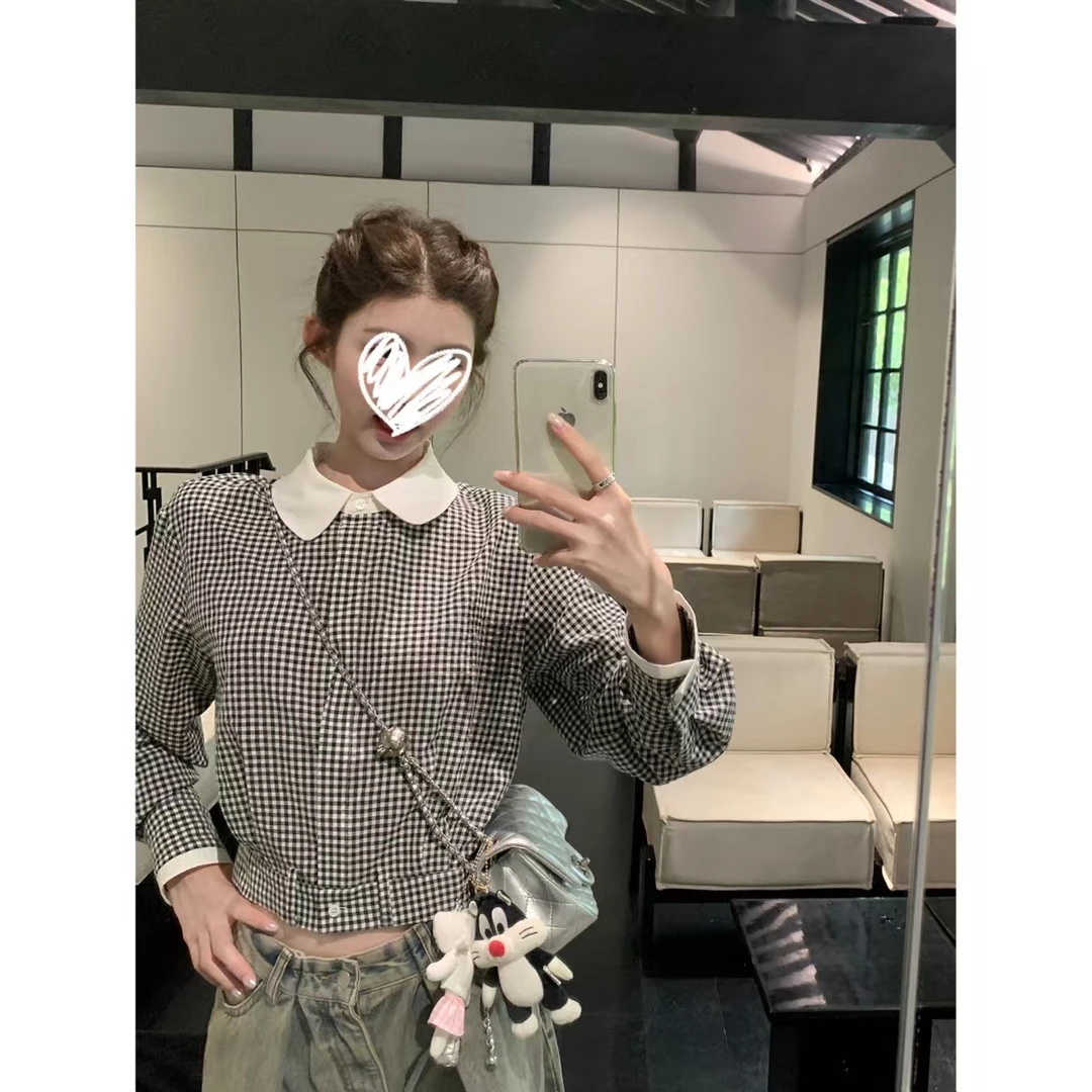 格纹新生~秋季韩系复古甜辣风修身显瘦纯欲格子衬衣H730