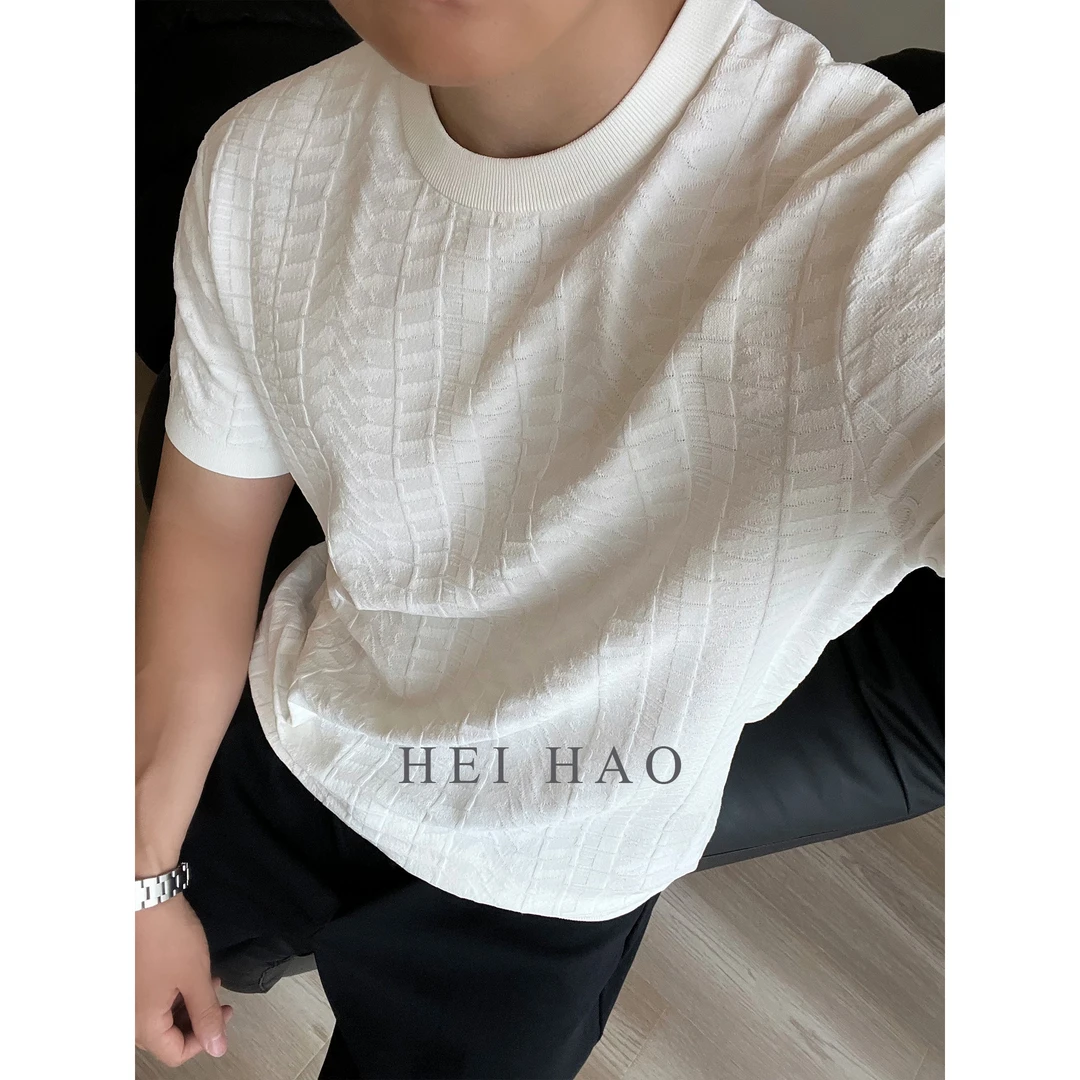 Hei Hao】提花肌理圆领冰丝夏季短袖T恤衫针织男士休闲半袖黑色