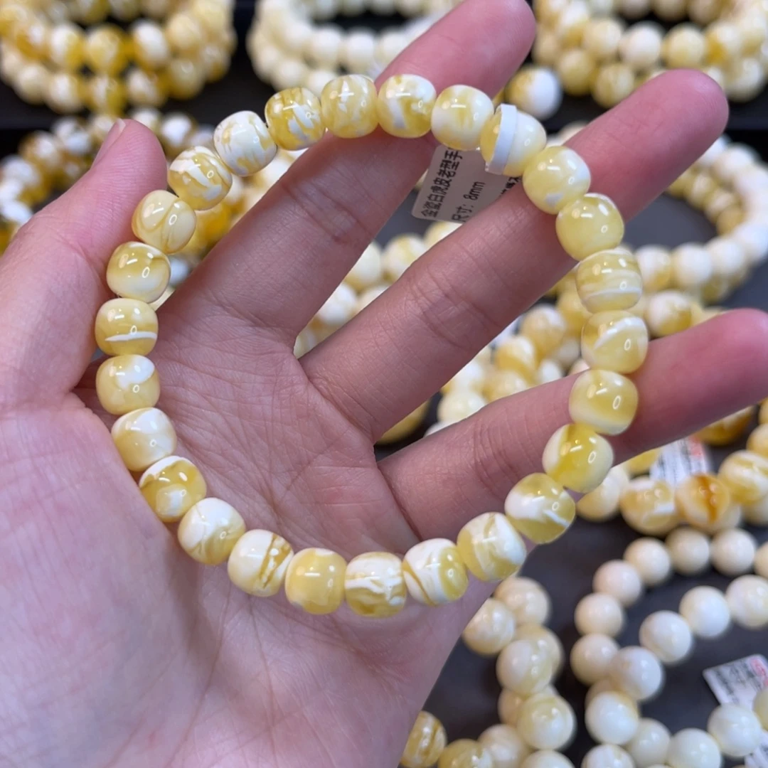 手串蜜蜡未镶嵌8*7.5mm金瓷白虎皮妖花