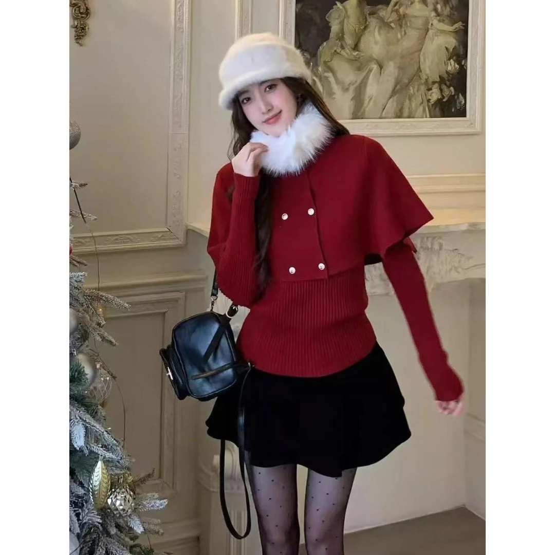 冬季红色圣诞氛围感毛领斗篷毛衣半身裙高级千金感气质新年套装女