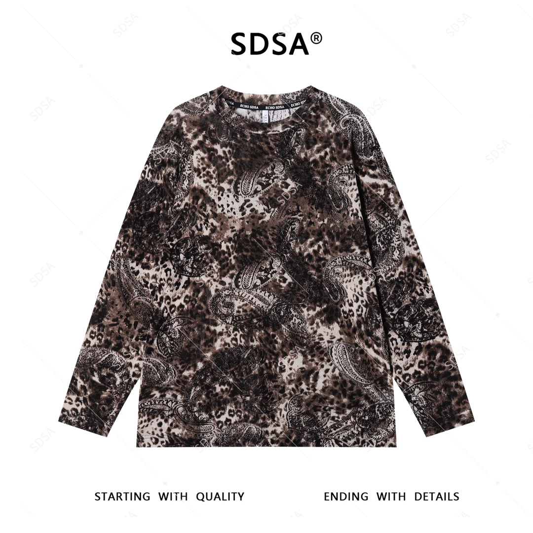 SDSA夏季新款男士痞帅美式扎染豹纹图案圆领长袖T恤复古百搭时尚