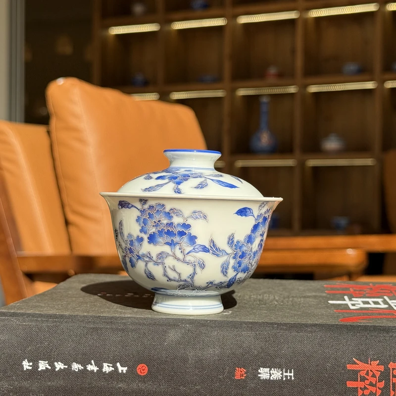 MXQY32【詺兮清窑】仿清描银折枝石榴花小玉兰盖碗120cc景德镇匠心