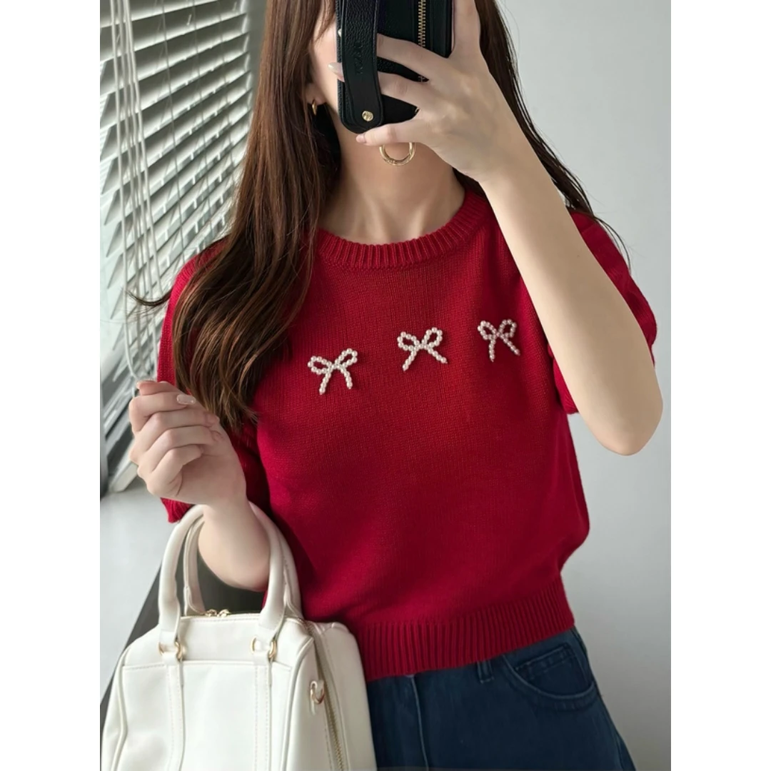 【Yumiko】G 夏季新款 百搭时尚珍珠蝴蝶结甜美针织上衣女