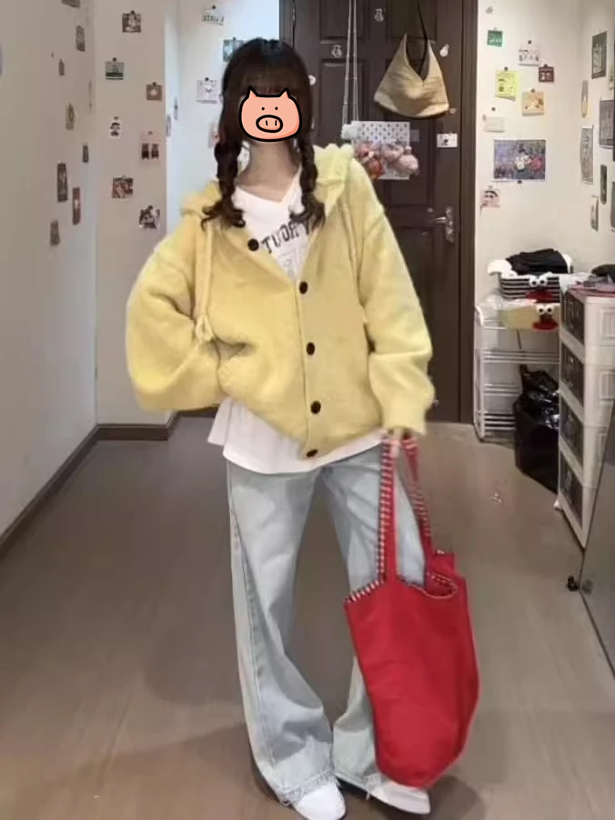 韩系慵懒风连帽针织开衫女黄色早秋新款宽松显瘦毛衣外套上衣