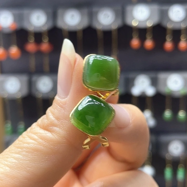 和田玉银S925镀金镶嵌耳饰