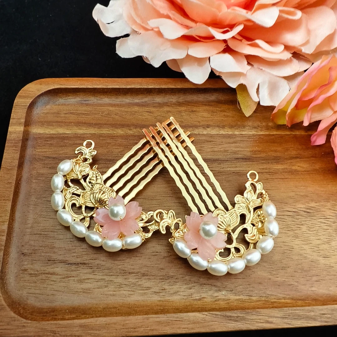 晓秋  百搭古风汉服仿珍珠小花掩鬓发梳