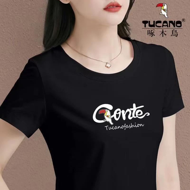 啄木鸟夏季oversize风休闲印花打底衫百搭圆领纯色显瘦宽松女装