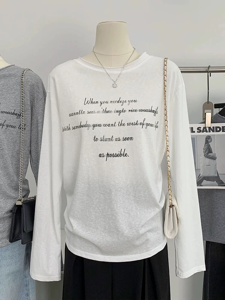 012大韩家字母印花宽松长袖t恤女灰色内搭气质打底衫上衣