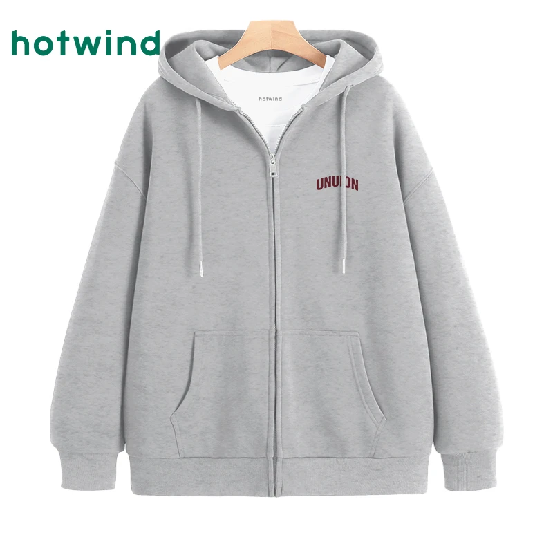 Hotwind/热风卫衣外套女秋季美式复古连帽开衫小个子宽松大码上衣