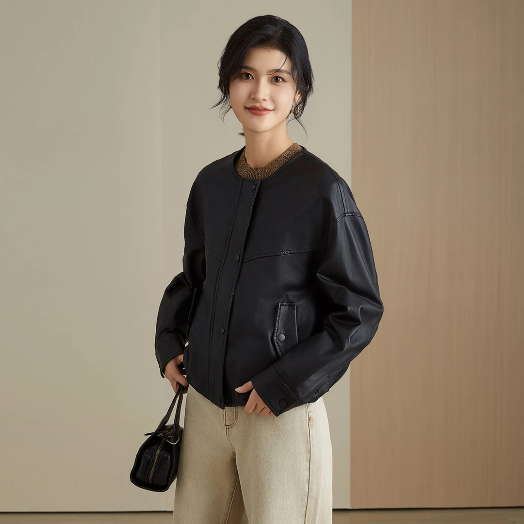 一米阳光皮衣外套女小个子圆领上衣2025秋真皮皮衣优质绵羊皮外套