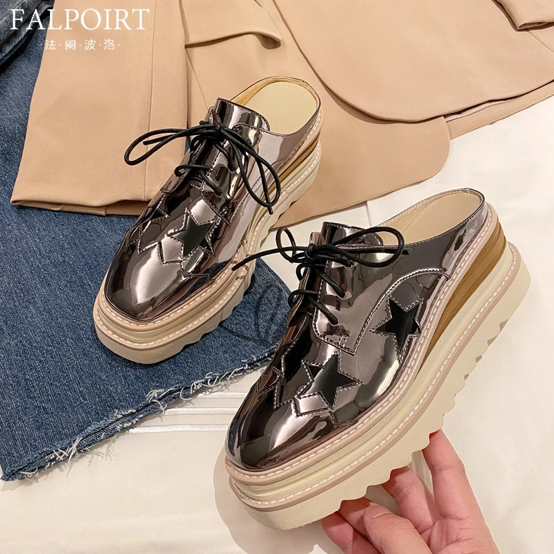 FALPOIRT星星包头半拖鞋女外穿真皮厚底松糕鞋英伦气质高级感单鞋