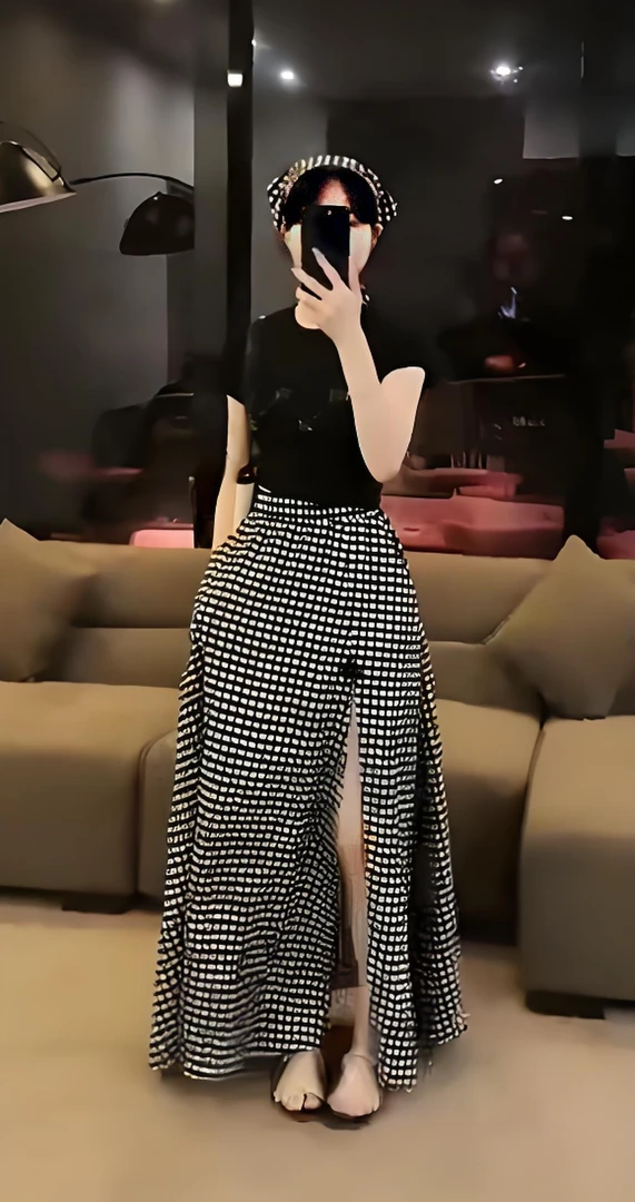 【OS&oneshow】复古黑色格子半身裙新款高腰长款a字裙半裙开叉裙