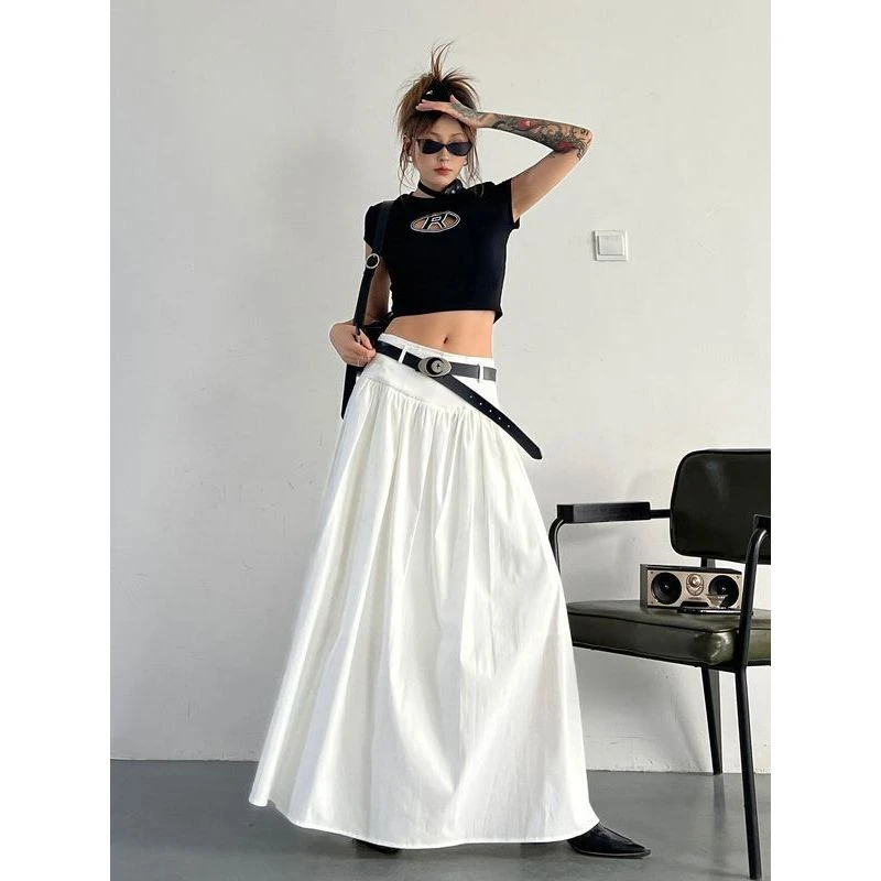 2025夏季法式赫本风休闲气质宽松腰封白色A字半身拖地长裙伞裙女