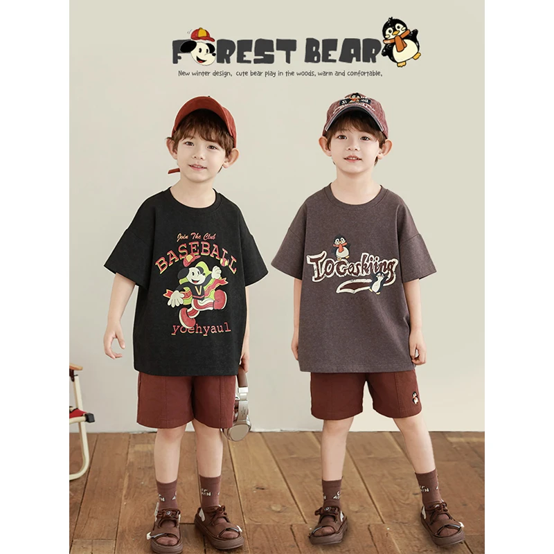 YOEHYAUL/幼悠夏伍波下【企鹅探险家】卡通双纱蜡染水洗棉T恤N6245