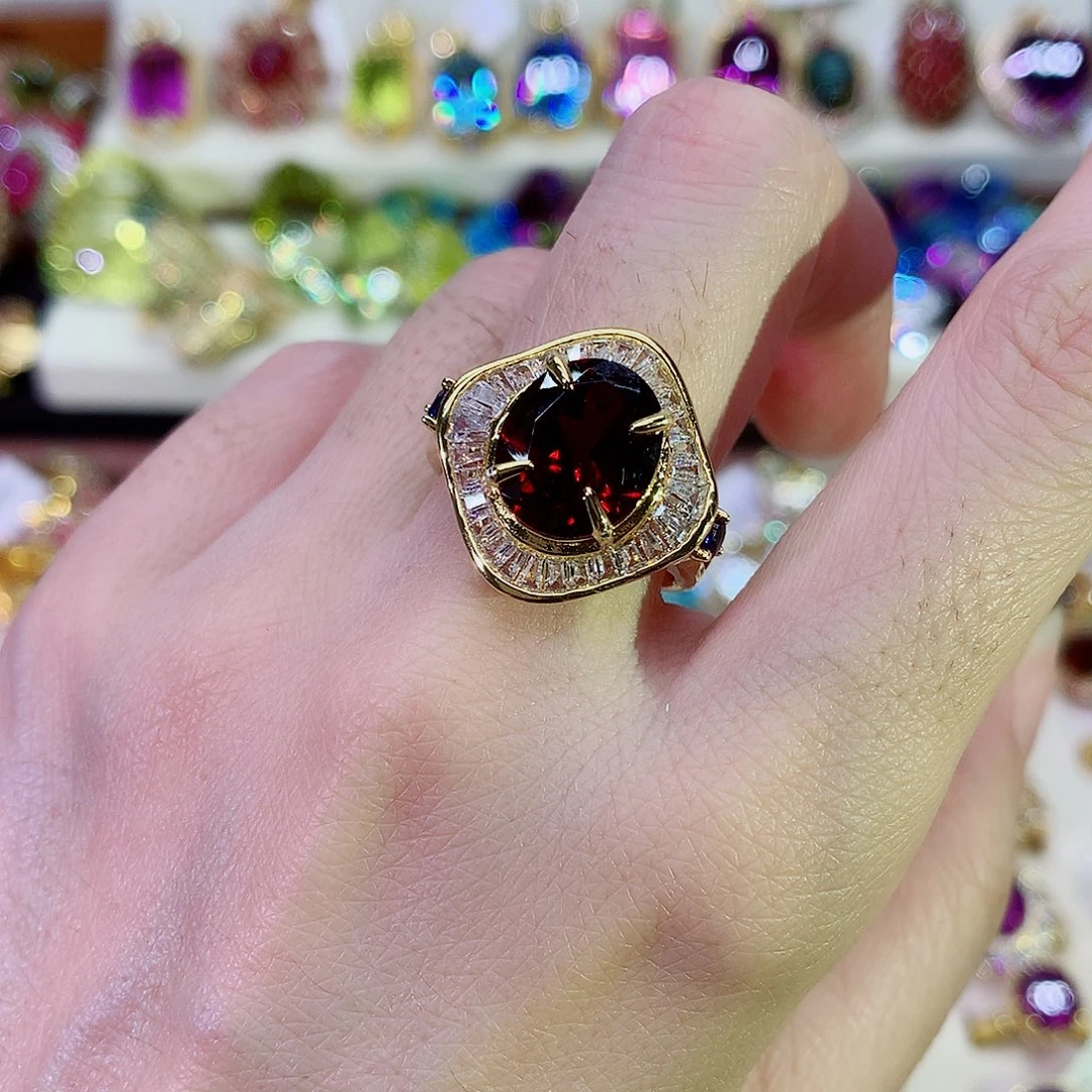 银S925镀金镶嵌戒指石榴石