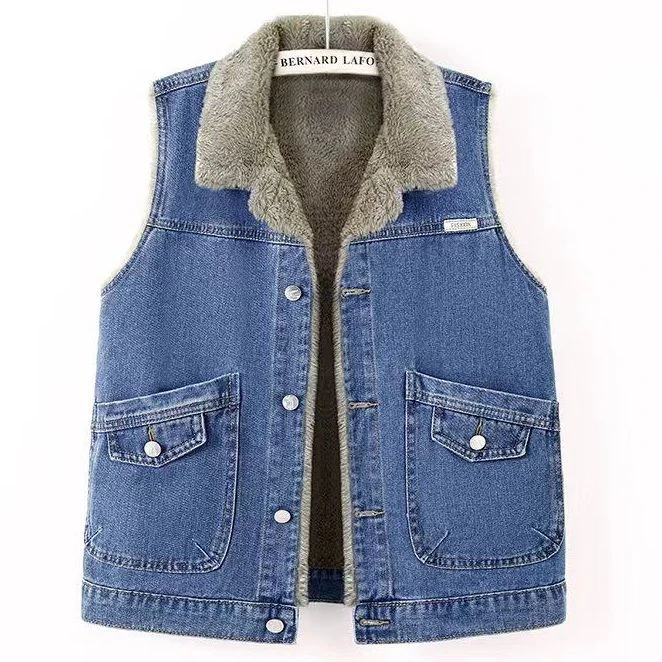 2025秋冬新款大口袋牛仔马甲女加绒加厚百搭保暖上衣妈妈装港风外