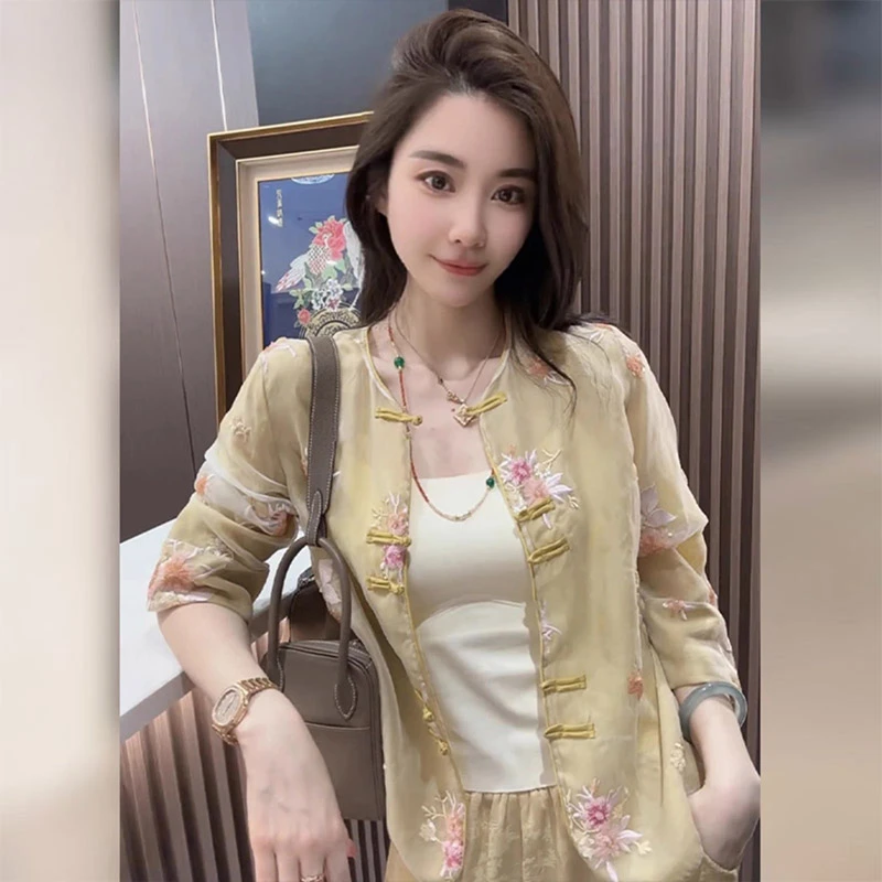新中式欧根纱防晒衬衫2025新款女春季小个子短款黄色唐装国风上衣