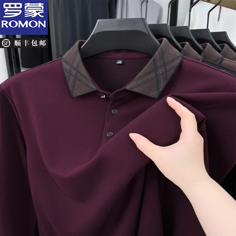 罗蒙【含羊毛】长袖T恤男士春秋新款商务休闲翻领Polo衫高级感男装