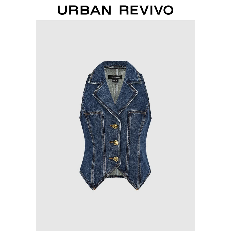 UR2025夏季新款女装波嬉风金属扣饰无袖牛仔衬衫UWG850068