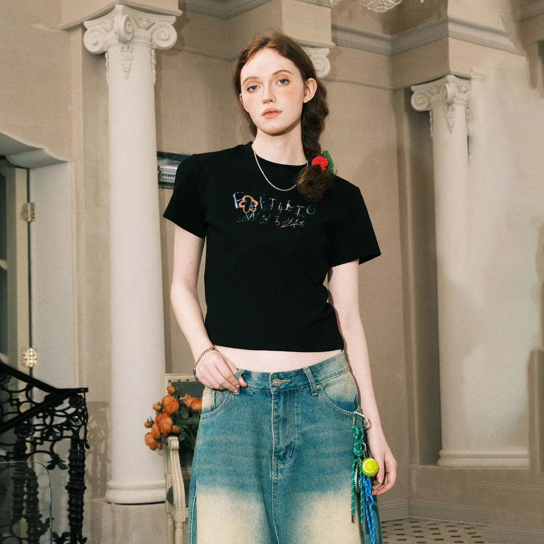 BEETLE TOWN短款修身印花短袖T恤女夏美式涂鸦设计显瘦辣妹上衣潮