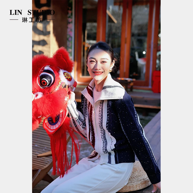 【山羊绒】琳工坊“空碧”上青针织外套翻领时尚百搭气质唐琳设计师