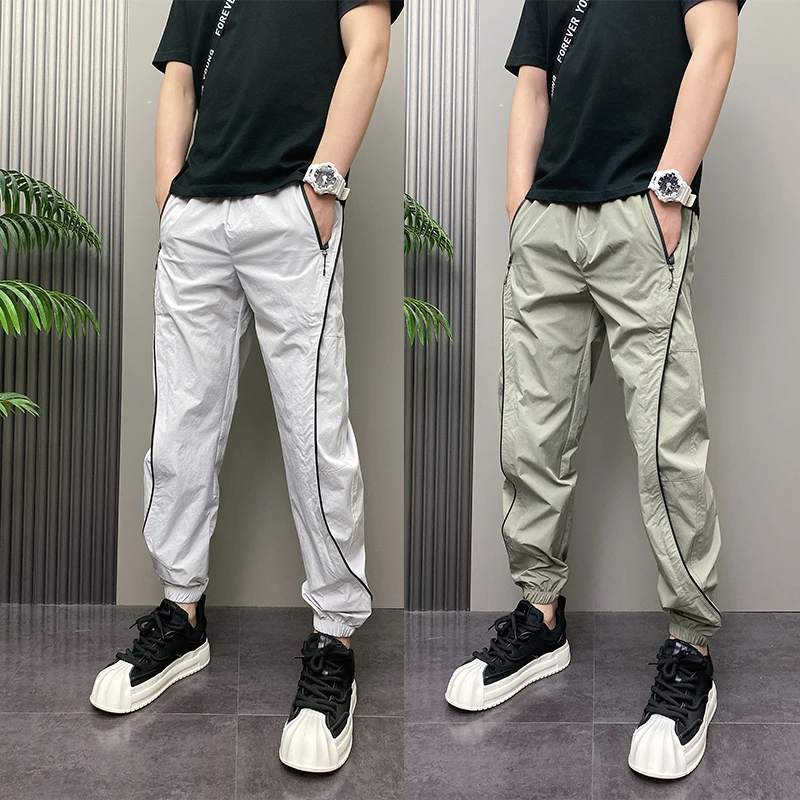 2025年夏季薄款潮流韩版痞帅束脚裤青年男士条纹原创速干休闲裤子