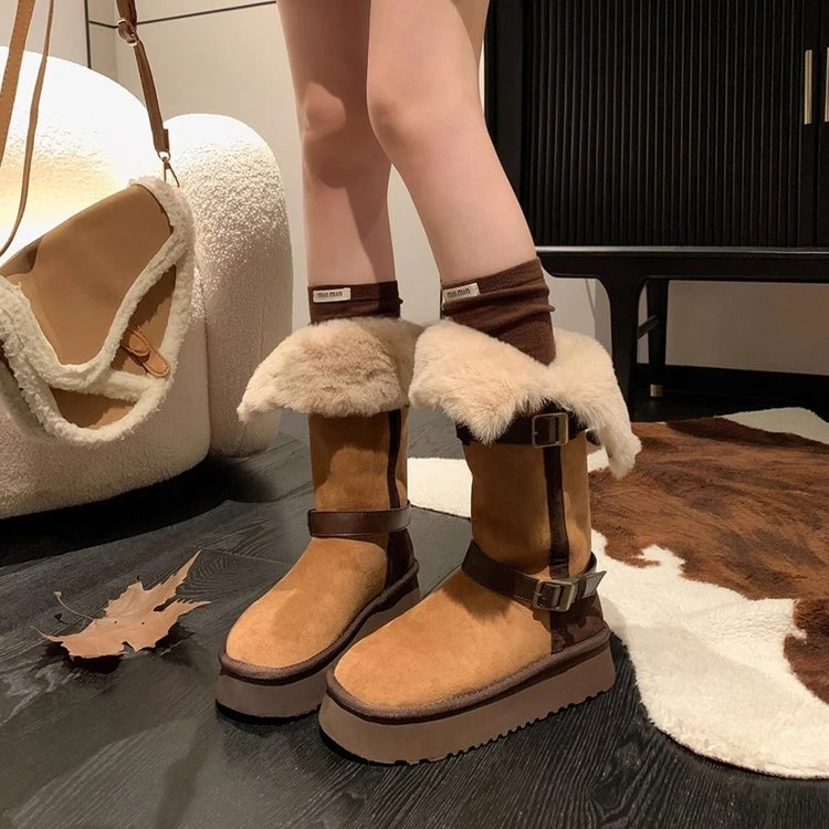 厚底中筒雪地靴女鞋2025新款秋冬季加绒棉鞋保暖毛毛鞋长筒长靴子