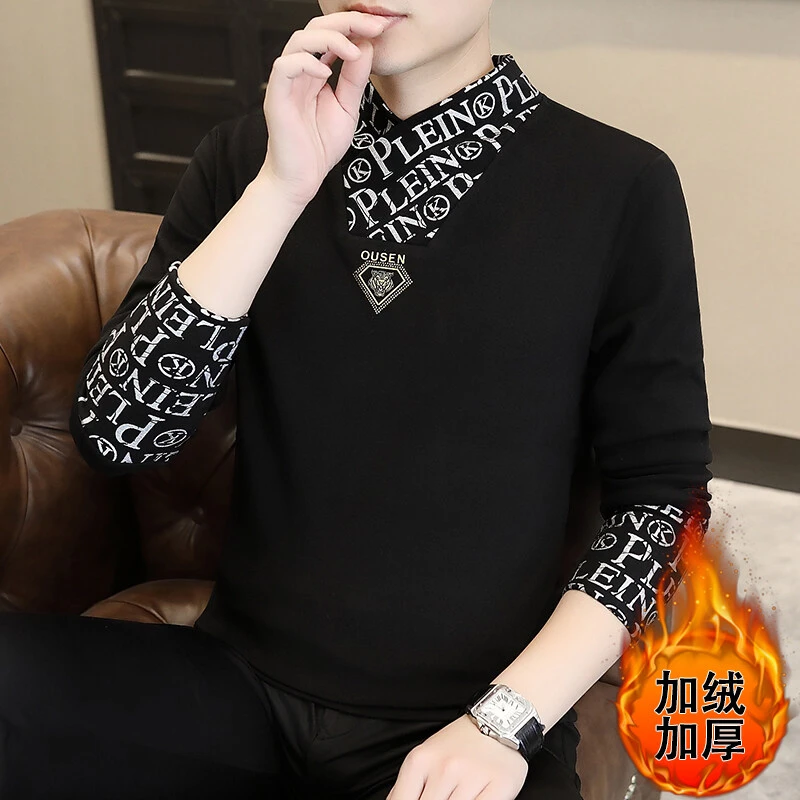 男士德绒保暖假两件打底衫男款痞帅潮牌秋冬季加绒青年卫衣百搭