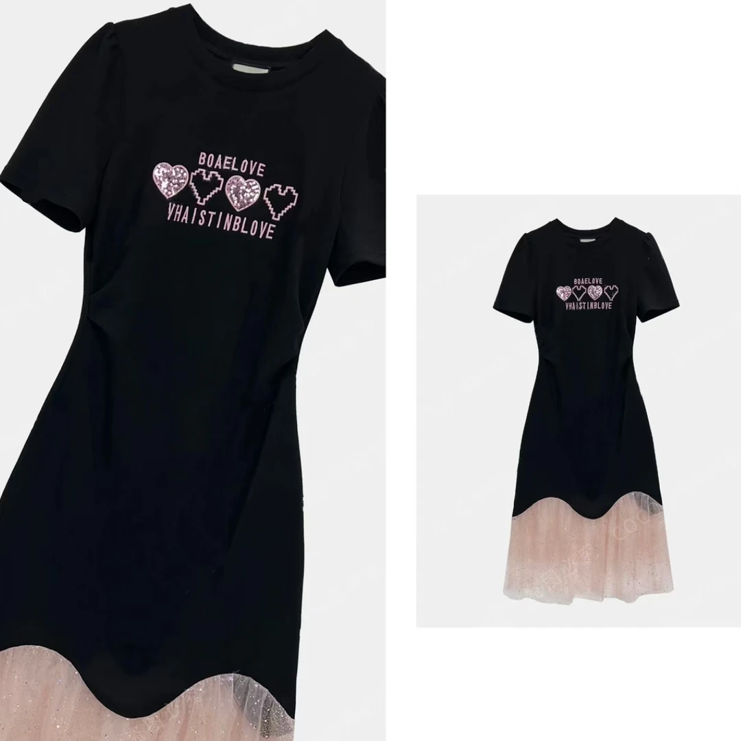 夏日轻奢爆款圆领设计女装拼接亮钻爱心显瘦气质连衣裙