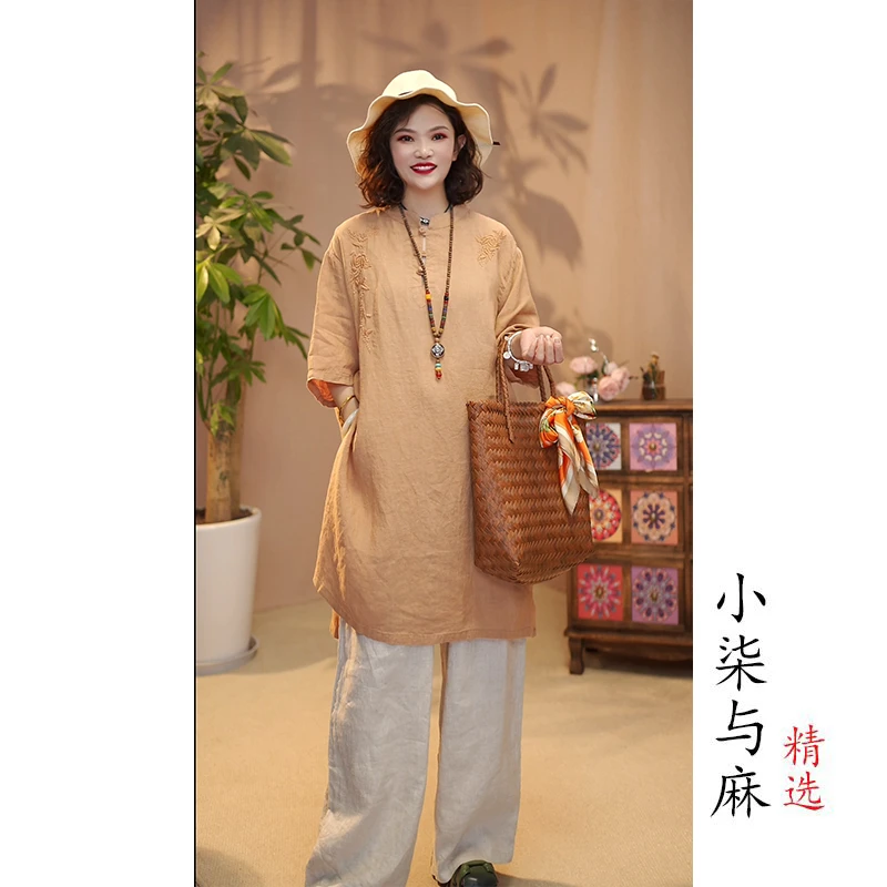 【小柒与麻】100%汉麻立领绣花三粒扣两侧开叉茶服（衣长83胸围124）