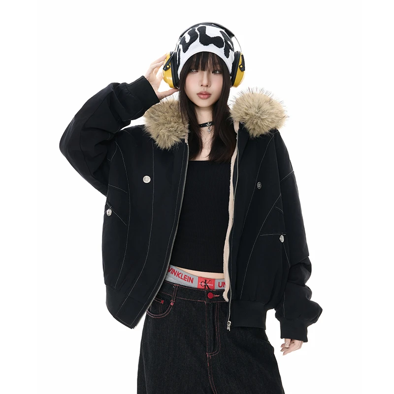 ZZR时尚百搭毛领连帽保暖外套女秋冬新款加绒加厚宽松休闲棉服