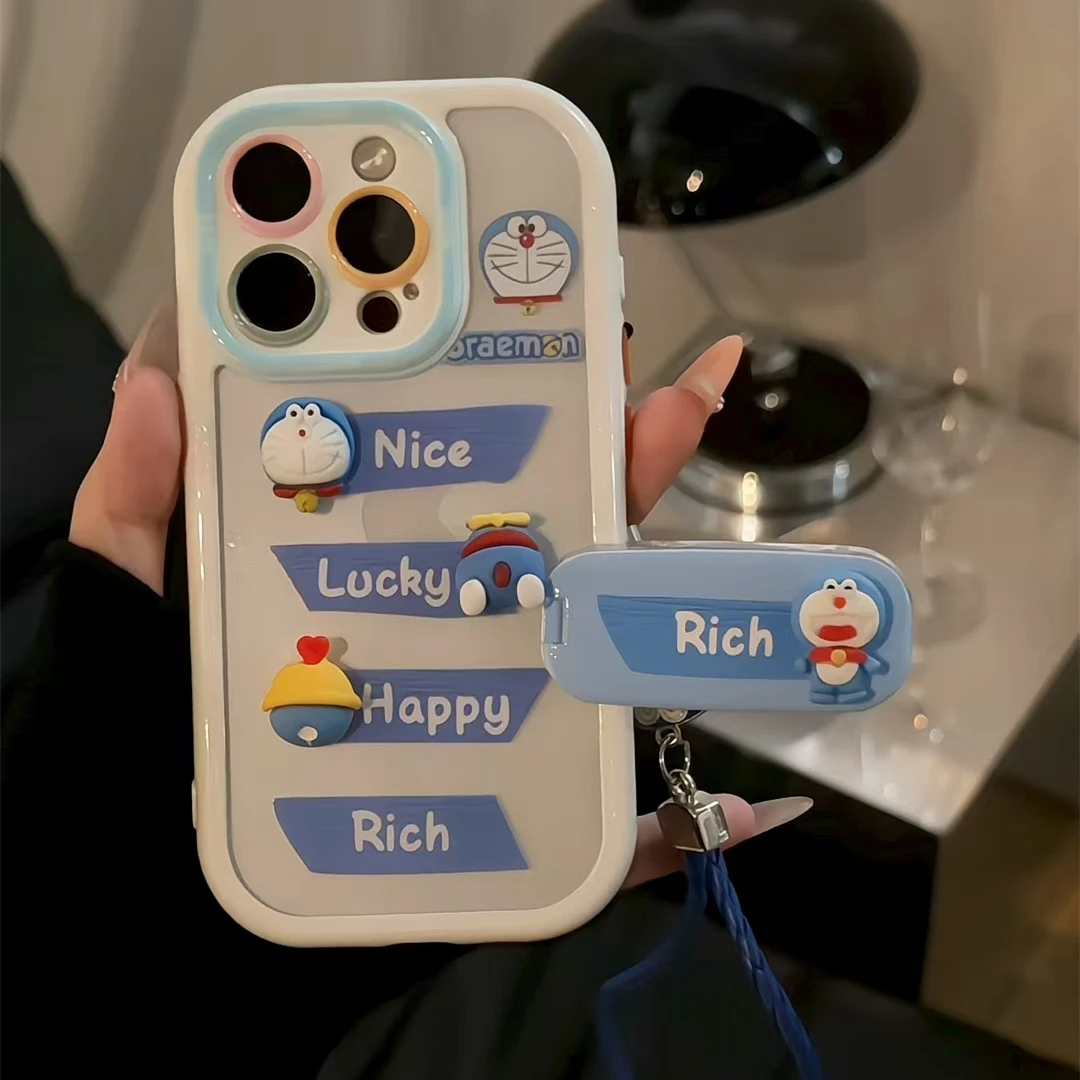 哆啦A梦公仔支架挂绳奶油手机壳适用苹果16华为p70vivo小米15oppo