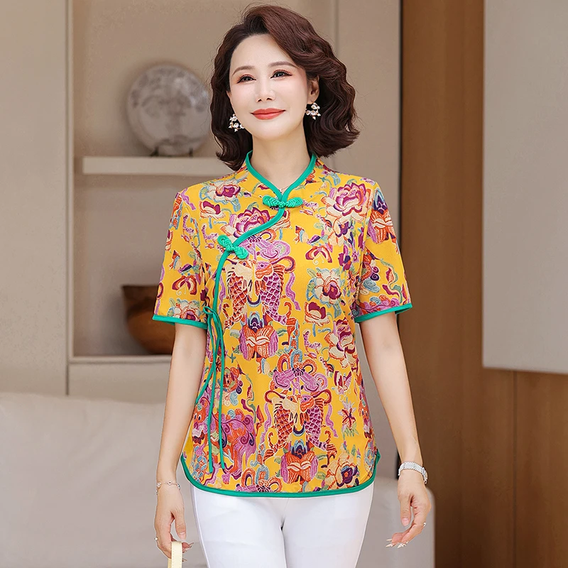 中年妈妈夏装改良旗袍领短袖小衫洋气新款中年女装新中式国风上衣