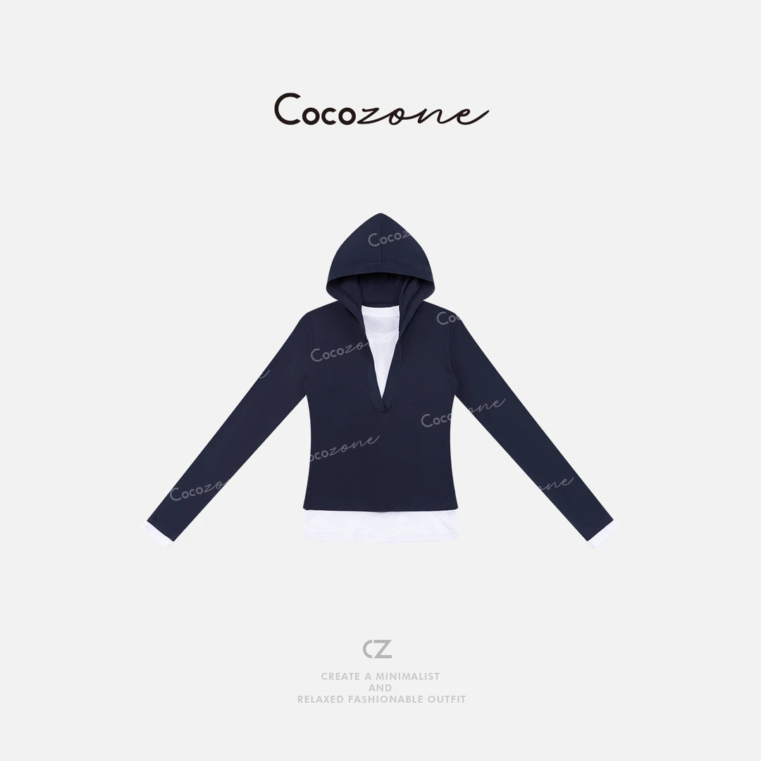 COCO ZONE 刘一一100棉新款设计撞色假两件长袖T恤 CD2A0654