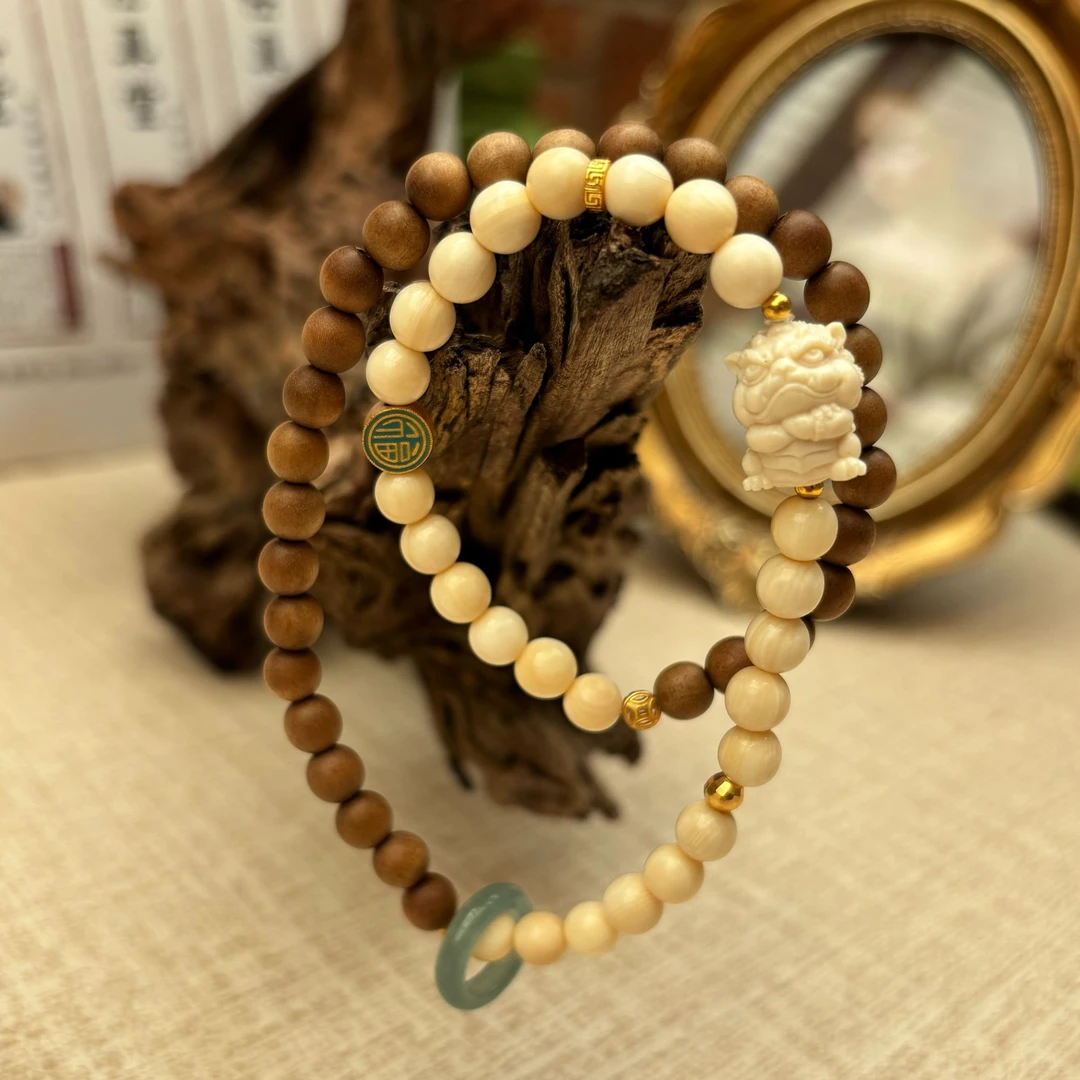 【猛犸牙】醒狮双圈珠串老山檀+蓝翠服配国潮国风