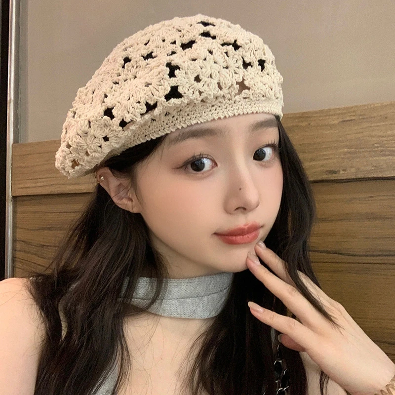 重工编织日系复古镂空贝雷帽女2025新款百搭显脸小针织画家帽薄款