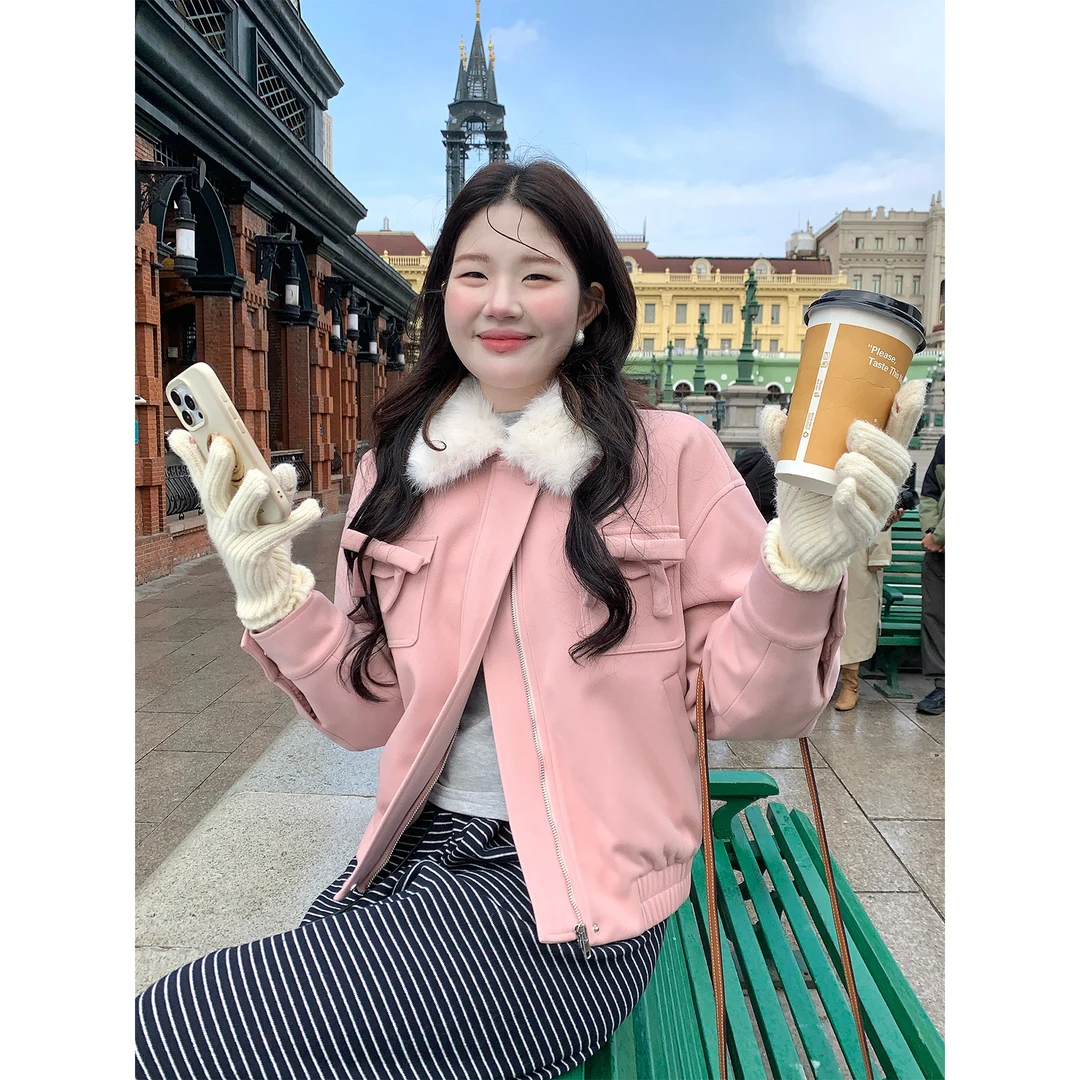 火火火【草莓奶昔】韩系温柔风毛领加厚秋冬保暖毛呢外套N38520HH54