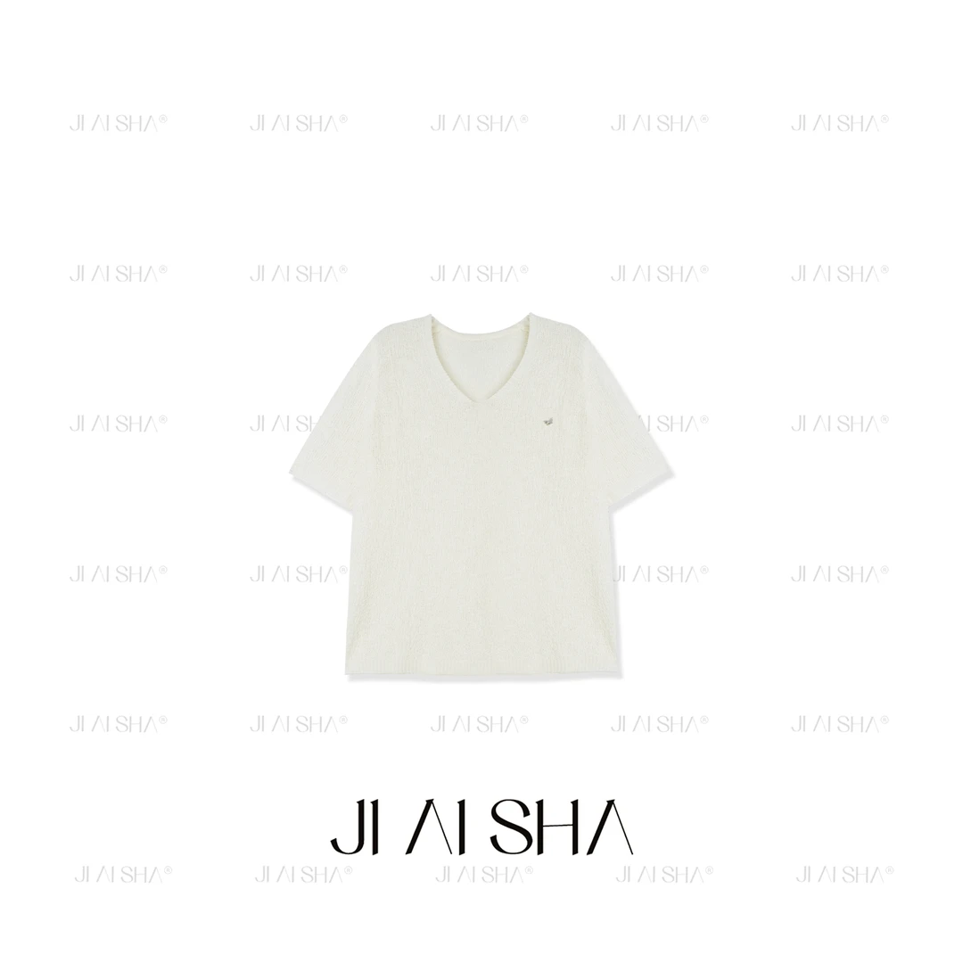 JAS 霏霏 夏季小众设计款V领镂空短袖针织短袖 JAS-SX-5X71