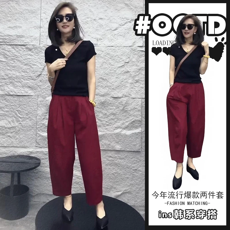 港味别致黑色修身显瘦短袖上衣时尚遮肉休闲裤欧式高端大气套装潮