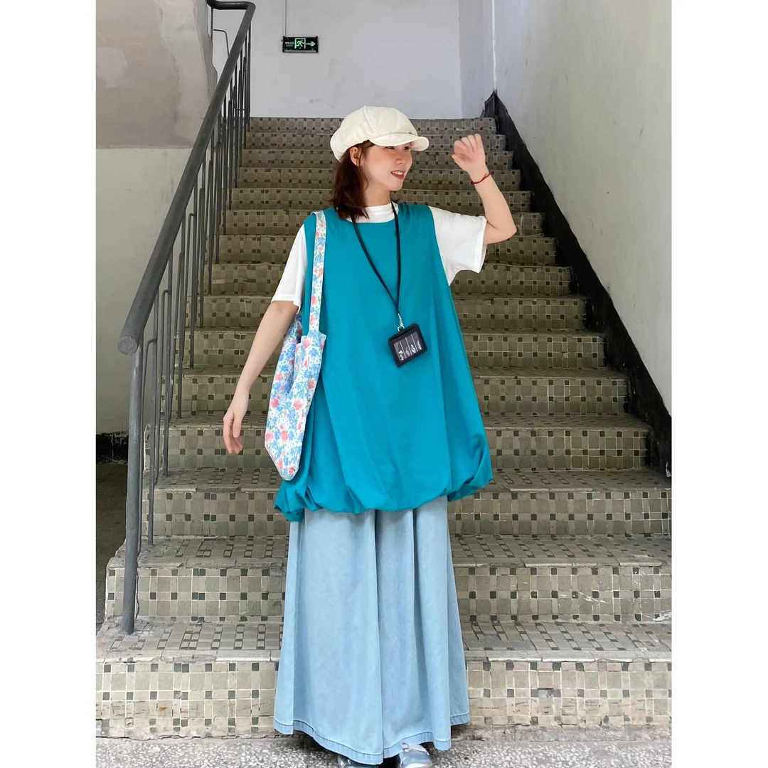 宽松纯色花苞背心裙